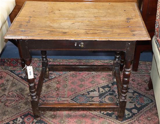 A 17th/18th century oak side table fitted drawers W.76cm